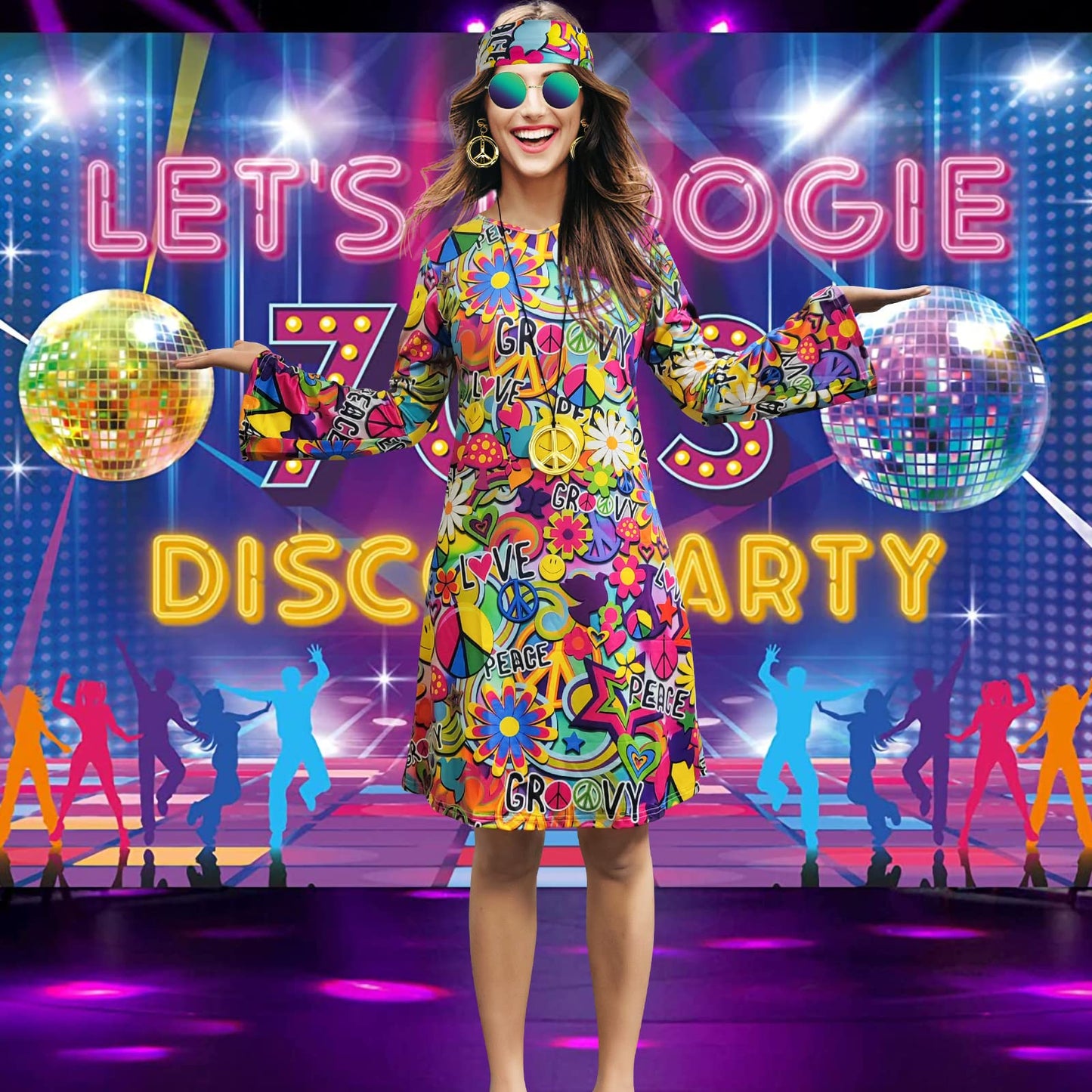 MRYUWB 70s Hippie Dress Costumes Necklace Earrings Sunglass Women Disco Outfit, 60s Party Costume, Halloween Retro Dresses (Love and Peace, 3XL) (F0154)