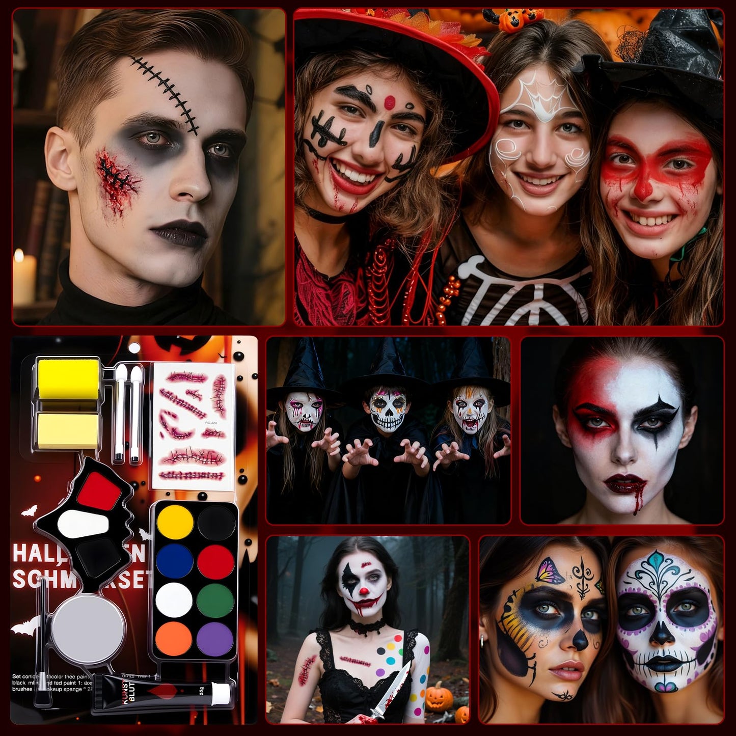 Face Paint Halloween Makeup Kit - White Black Red Face Paints Professional Adults with Fake Blood, Scars, tattoos, 8 Color Body Painting Set For Zombie Vampire Skeleton Joker Clown Witch Cosplay