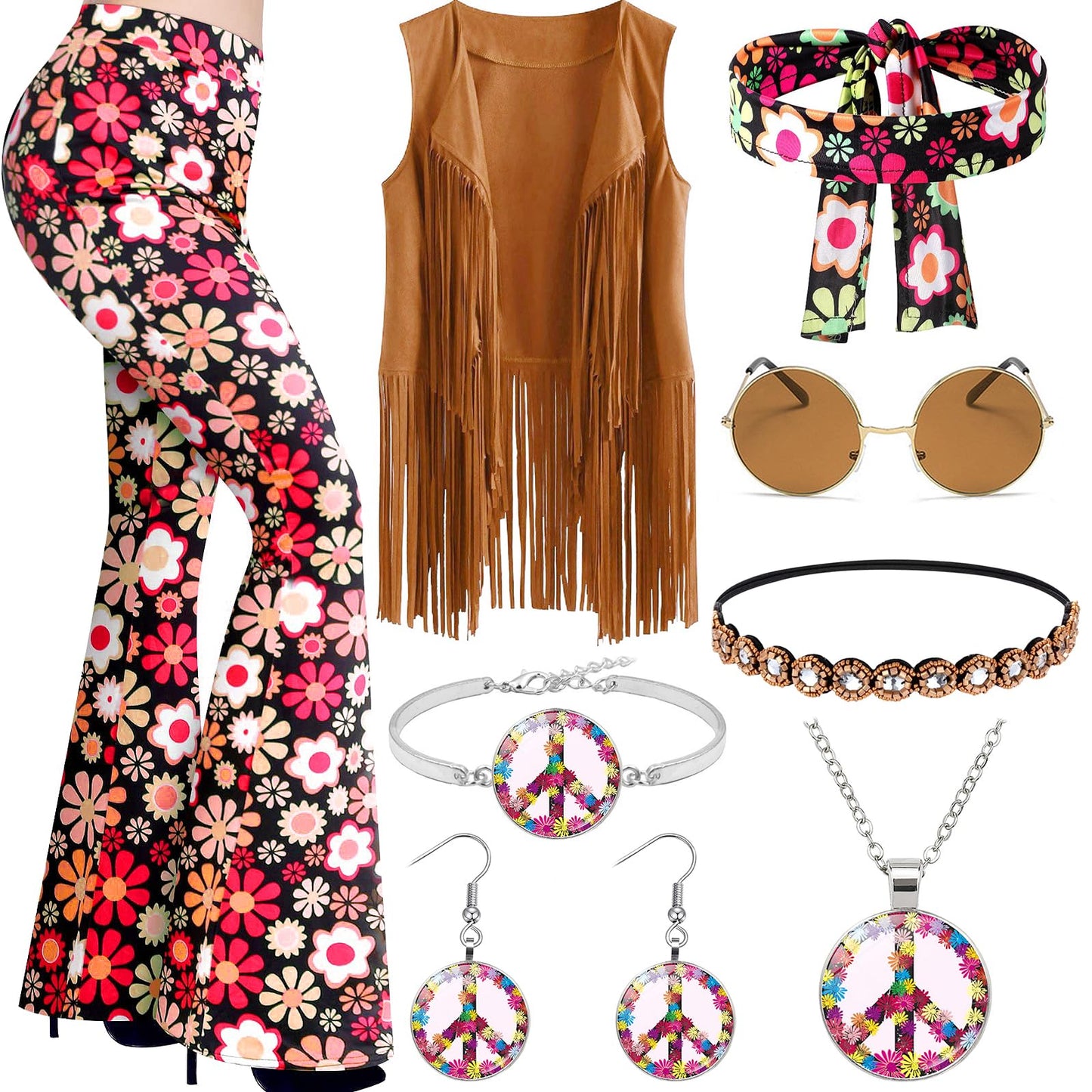 UxClishe 8 Pcs Hippie Costume Set for Women, 60s 70s Hippiy Fancy Dress Outfit Hippie Dress Up with Headband Fringe Vest-XL