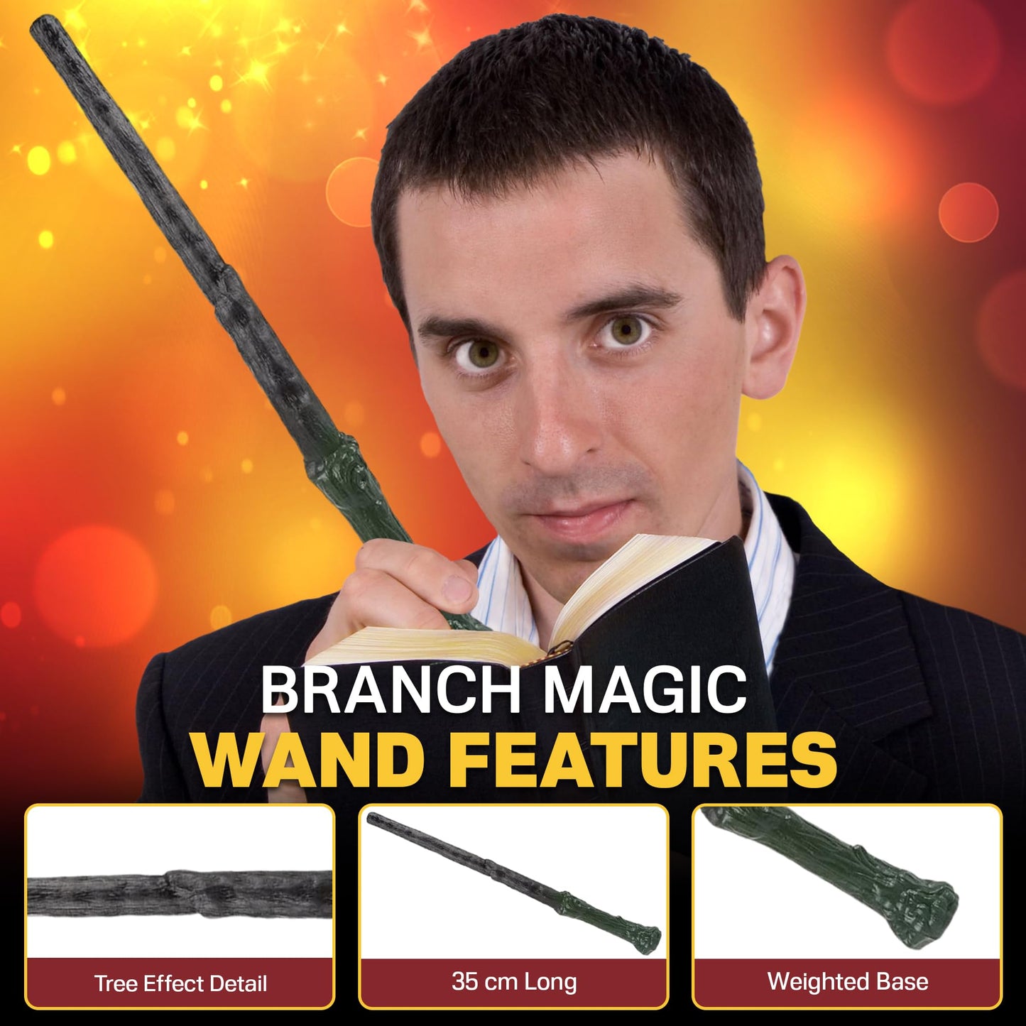 5pc Adult Wizard Costume - Wizard Accessories With Black Hooded Cape, Red and Yellow Scarf, Magic Wand, Red and Yellow Tie, Black Glasses Fancy Dress for World Book Day or Halloween Costumes for Men