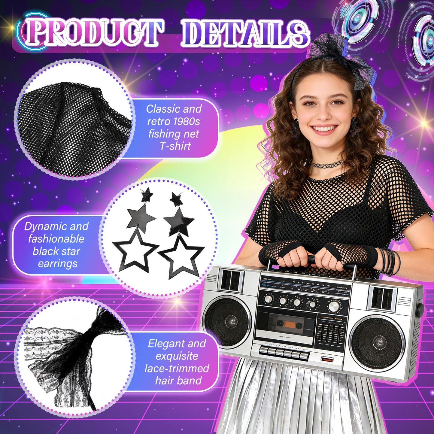 Dazzroi 80s Women Costume Accessories Set, 20Pcs 1980s Party Costume Set Includes Black Fishing Net T-shirt Gloves Headband Earrings Scrunchie Necklace Bracelets Ring for Retro 80s Party