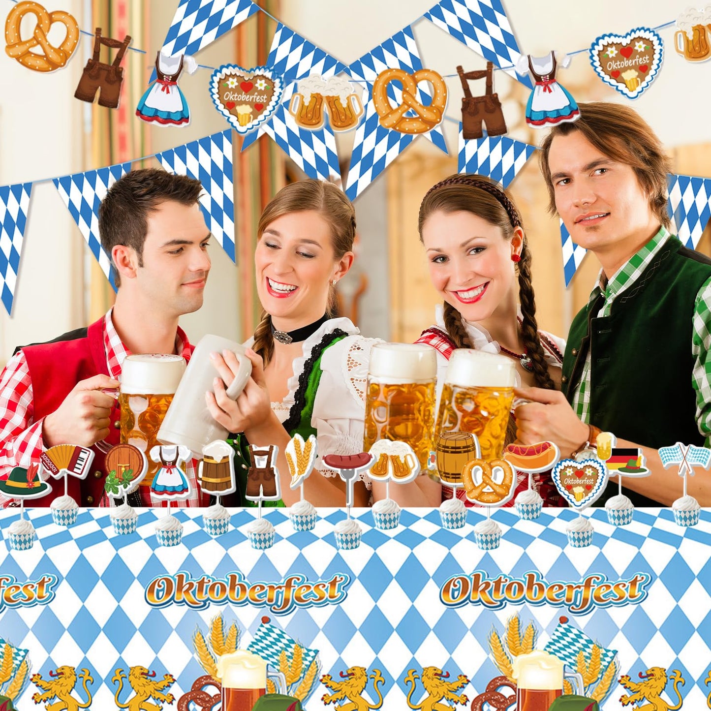 AYNKH Bavaria Oktoberfest Party Decoration Sets, Oktoberfest Blue White Banners Pennant Tablecloth Napkins Cake Topper Festival Supplies for German Beer Party