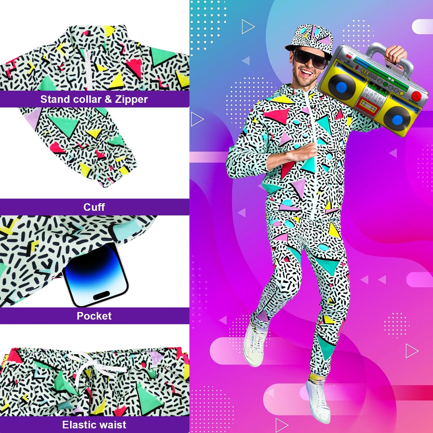 80s 90s Outfit for Men Tracksuit Costume - Hip Hop Hat Fanny Pack (image 3)