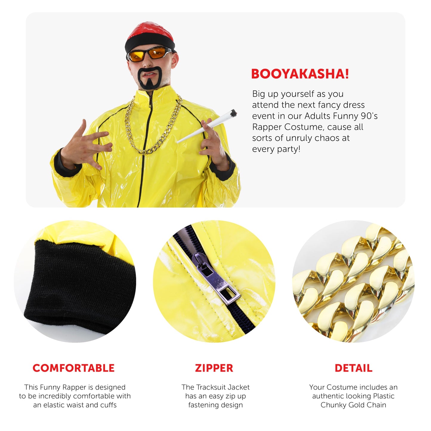 90s Rapper Costume - Large - Adults Yellow & Black Shell Suit + Red Hat + Sunglasses + Gold Chain + Jumbo Spliff + Black Goatee - Funny Rapper Halloween Stag Do Fancy Dress Costume