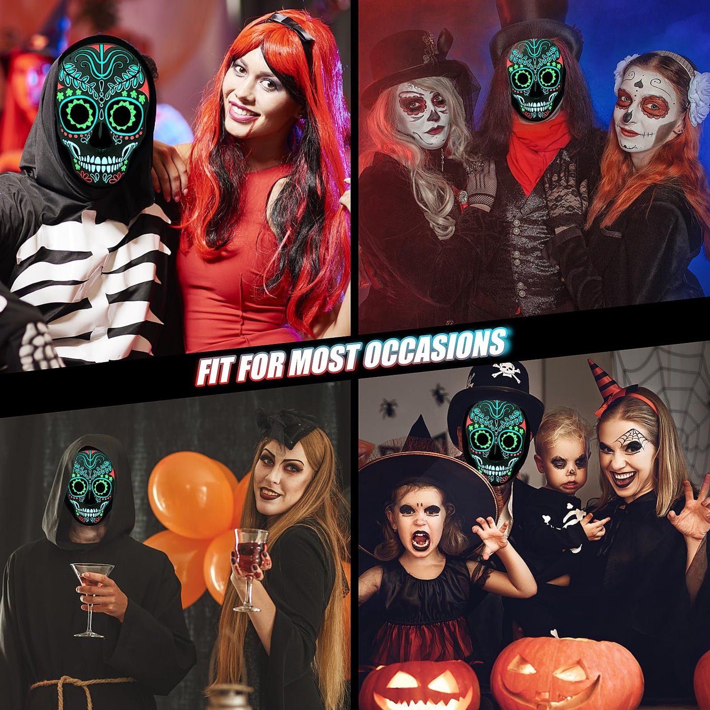 Meetory LED Halloween Mask for Adults, Light Up Mask Costume Day of the Dead Mask with 3 Lighting Modes and Adjustable Headband, Halloween Face Mask for Men Women