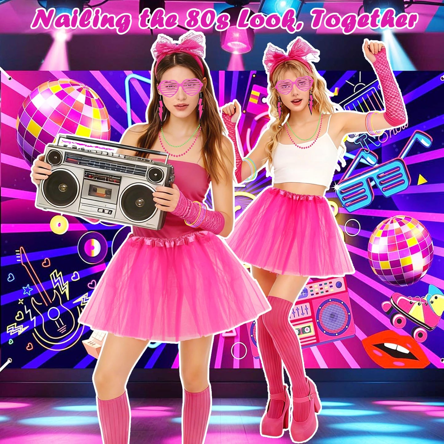 80s Fancy Dress for Women, Complete 21-Piece Retro Party Costume Accessories Set with Tutu Skirt, Fishnet Gloves, Leg Warmers & Headband for 1980s Theme Parties, Retro Party Dress up & Fancy Dress