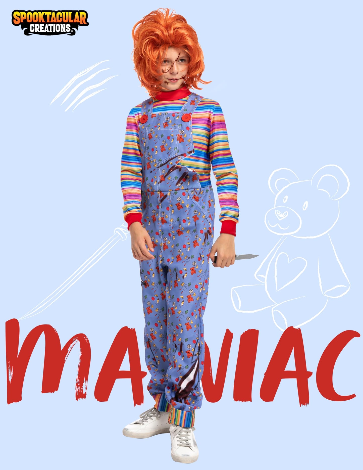 Spooktacular Creations Chucky Costume and Wig Halloween for Child, Kids Play Chucky Costume Jumpsuit Outfit Medium(8-10 years)