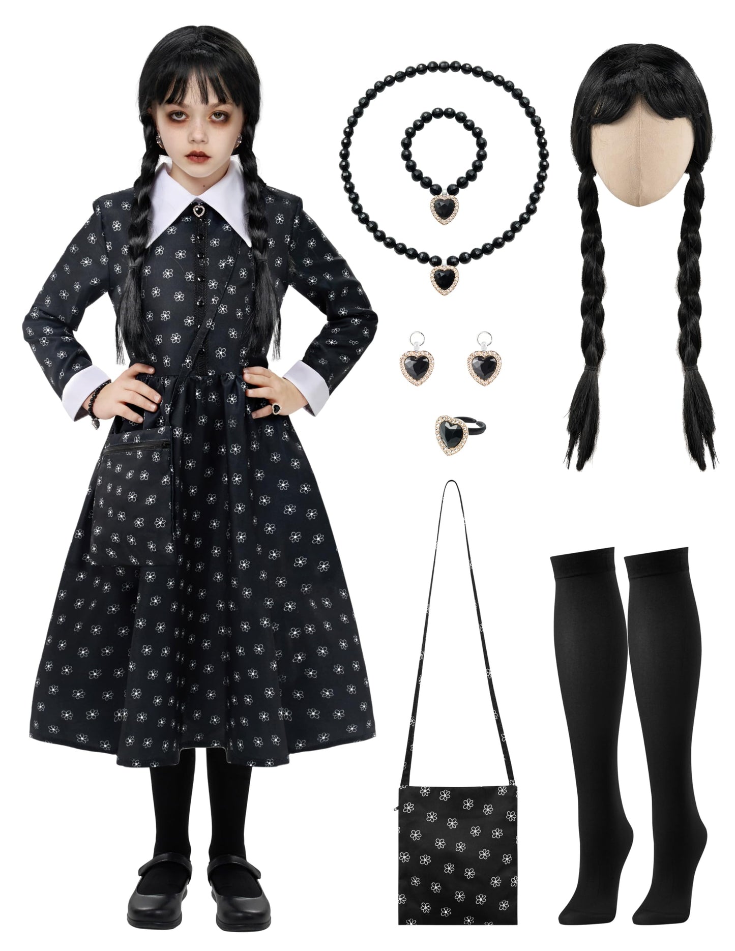 Spooktacular Creations Girls Halloween Black Costume, Black Floral Print Dress with Wig and Stocks for Girls Kids Halloween Dress Up and Role-Playing(Small(5-7 yrs))