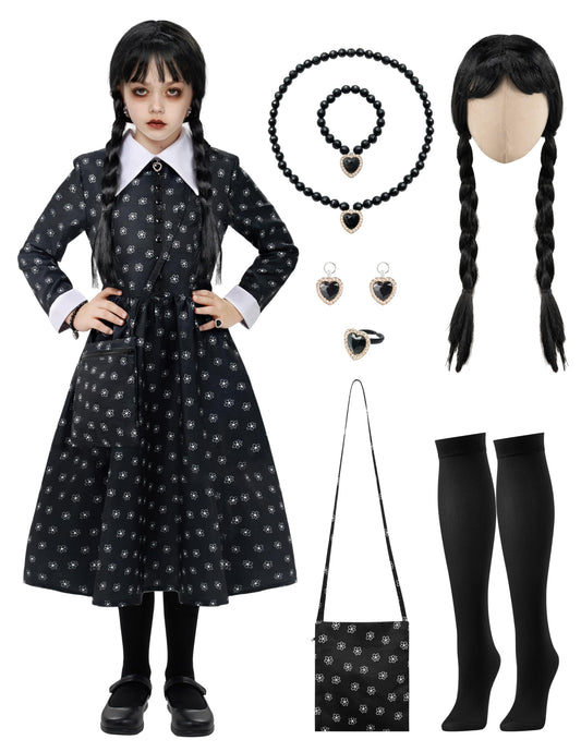 Spooktacular Creations Girls Halloween Black Costume, Black Floral Print Dress with Wig and Stocks for Girls Kids Halloween Dress Up and Role-Playing(Small(5-7 yrs))