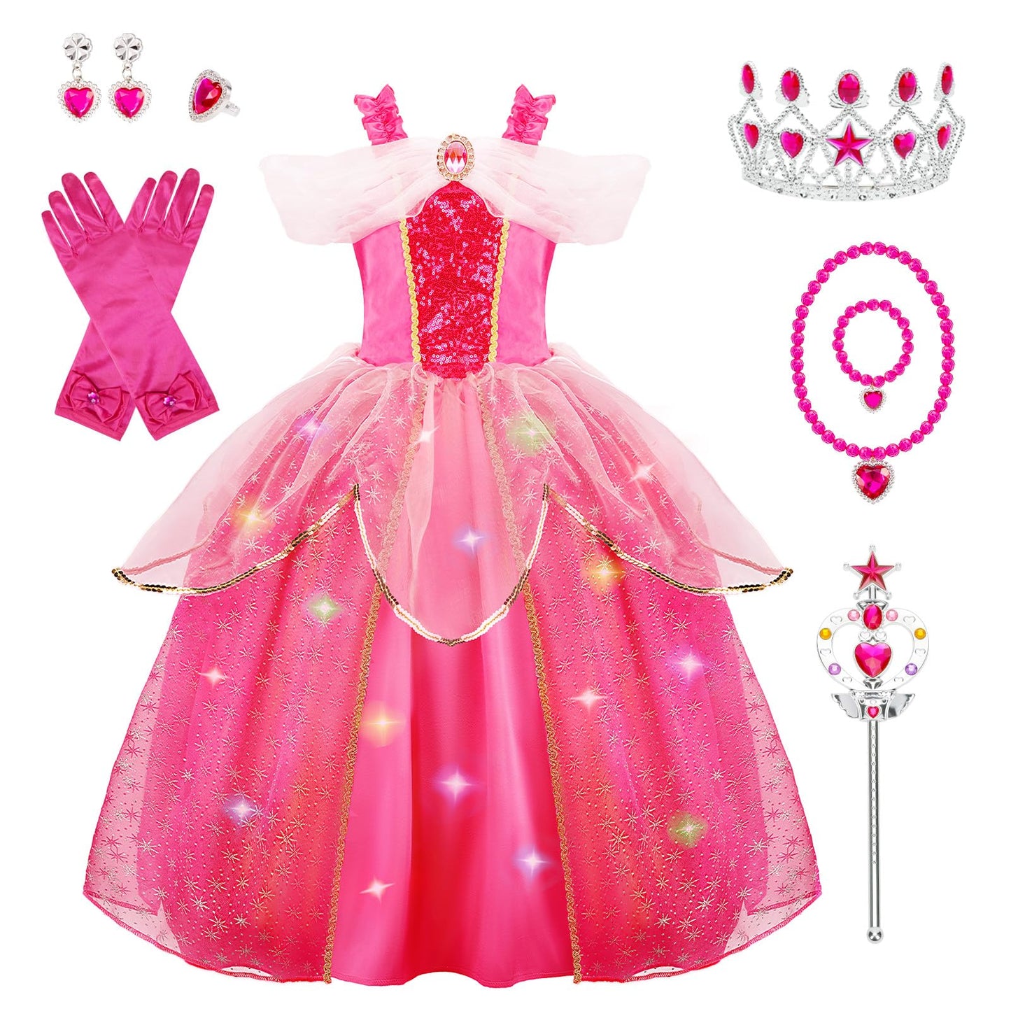 MELAND Princess Costumes for Girls, Sleeping Light Up Princess Dress Up for Girls Age 3-10 Years, Rose Pink Fancy Dress for Kids & Toddlers Birthday Party Costumes (M)