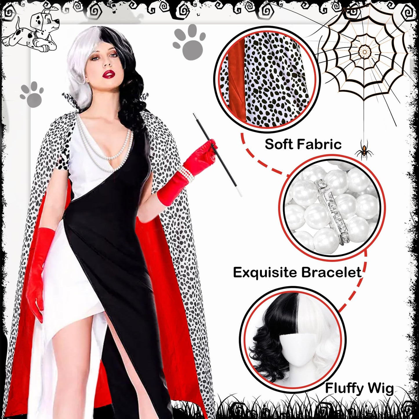 UxClishe 7 Pcs Cruella Costume Accessories Set, Cruella Fancy Dress Kit with Cape Gloves Wig for World Book Day