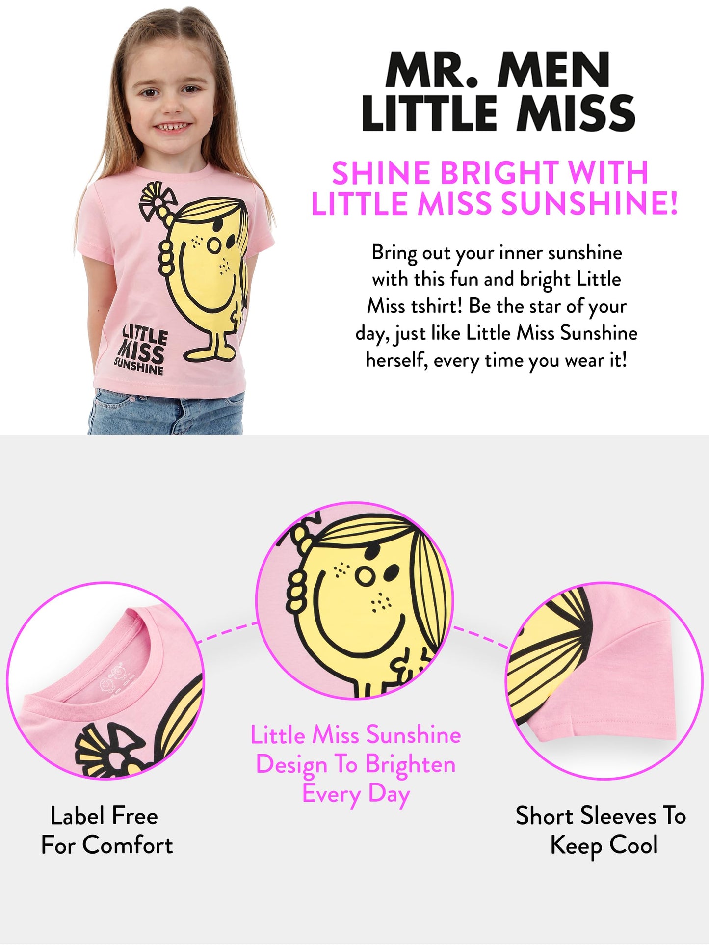 Mr. Men Little Miss Sunshine T Shirt | Girls Summer Clothes | Girls' T-Shirts| Pink 7-8 Years