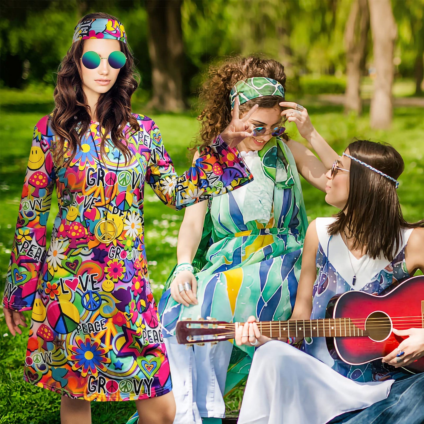 MRYUWB 70s Hippie Dress Costumes Necklace Earrings Sunglass Women Disco Outfit, 60s Party Costume, Halloween Retro Dresses (Love and Peace, 3XL) (F0154)
