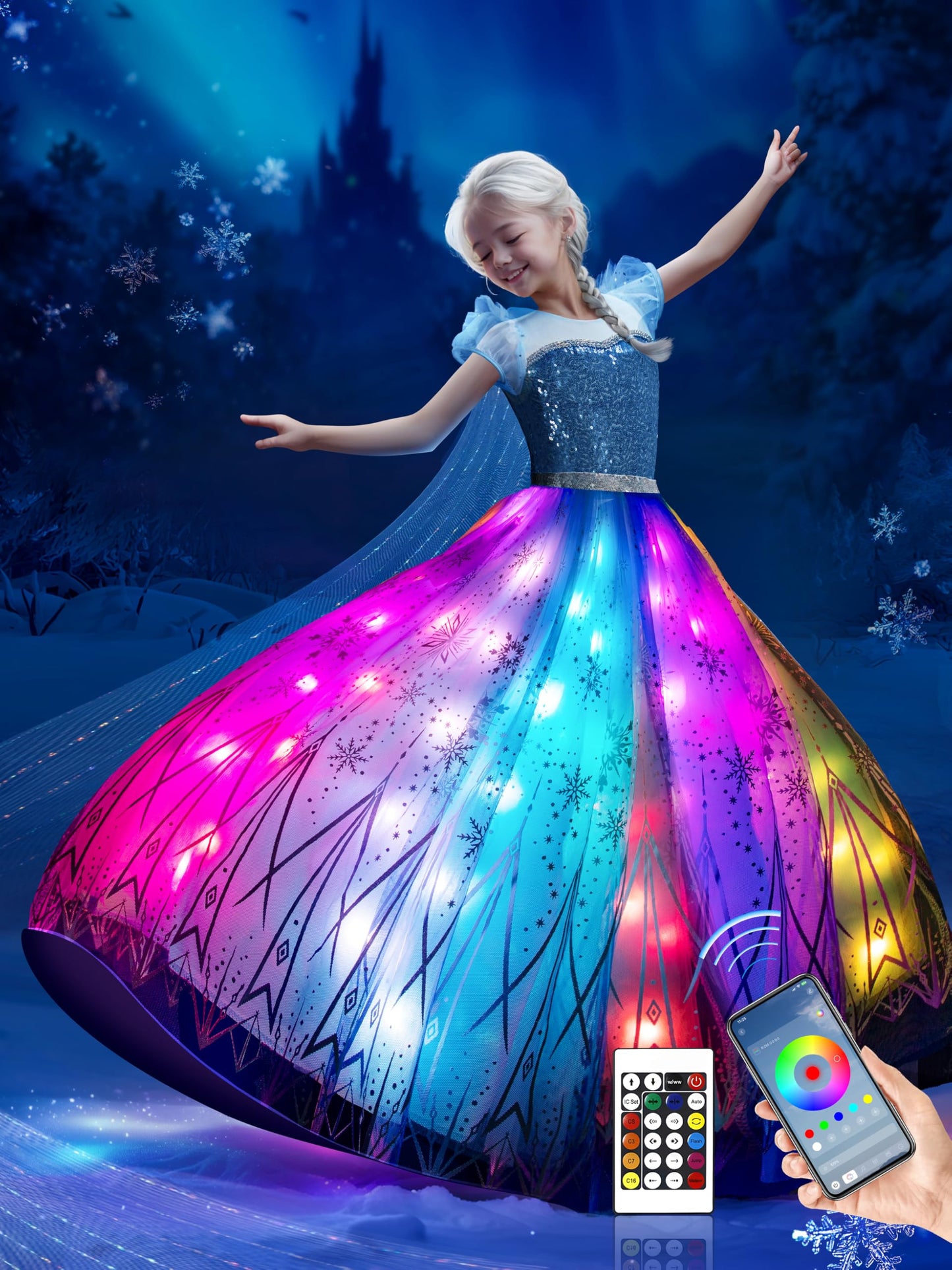 BLINGCOS Princess Costumes for Girls with RGB LED Lights, Princess Dress Music Sync & App Control, Girls Dress Up for Halloween, Christmas, World Book Day, 110