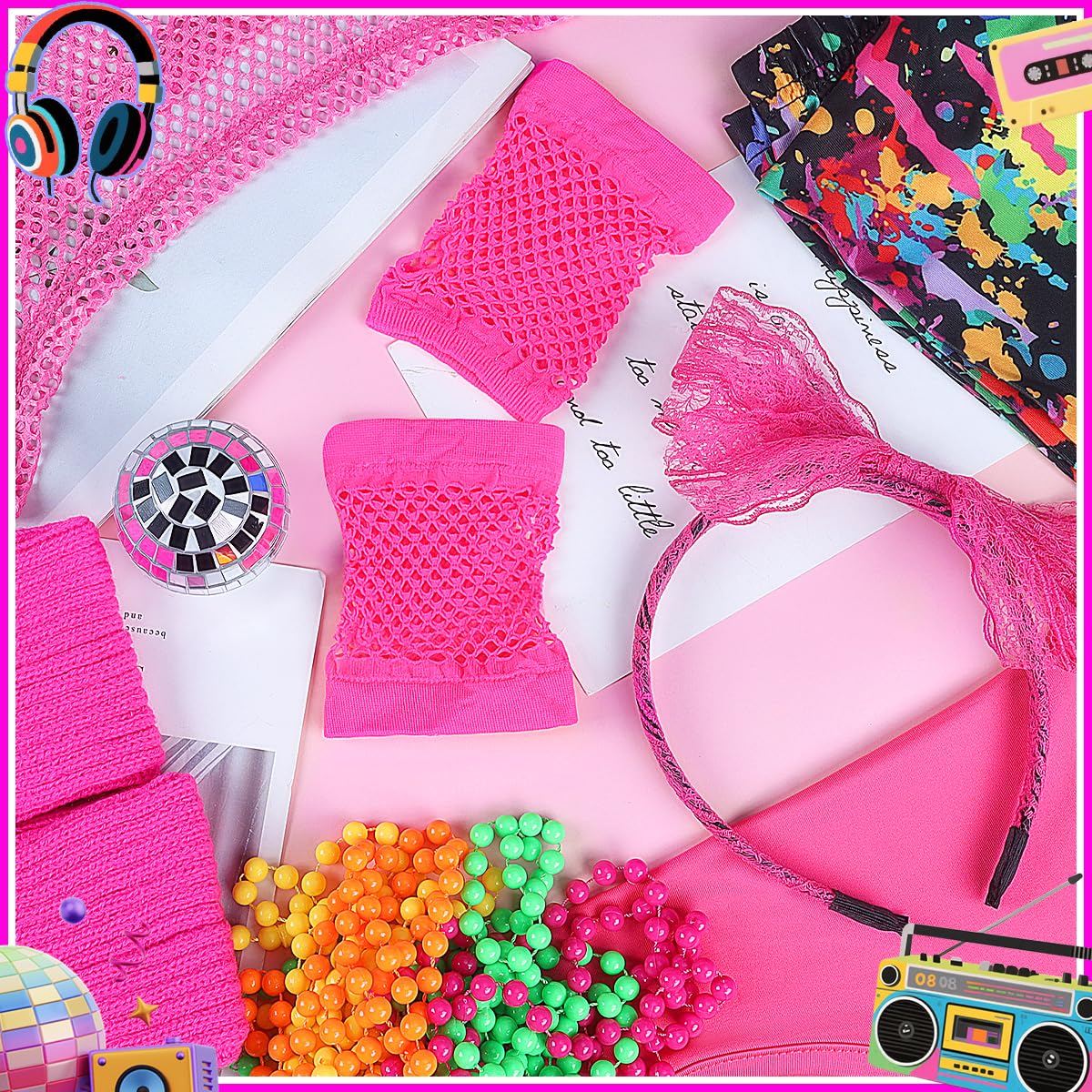 80s Fancy Dress Costume Set - 1980s Accessories Kit with Fishnet (image 6)