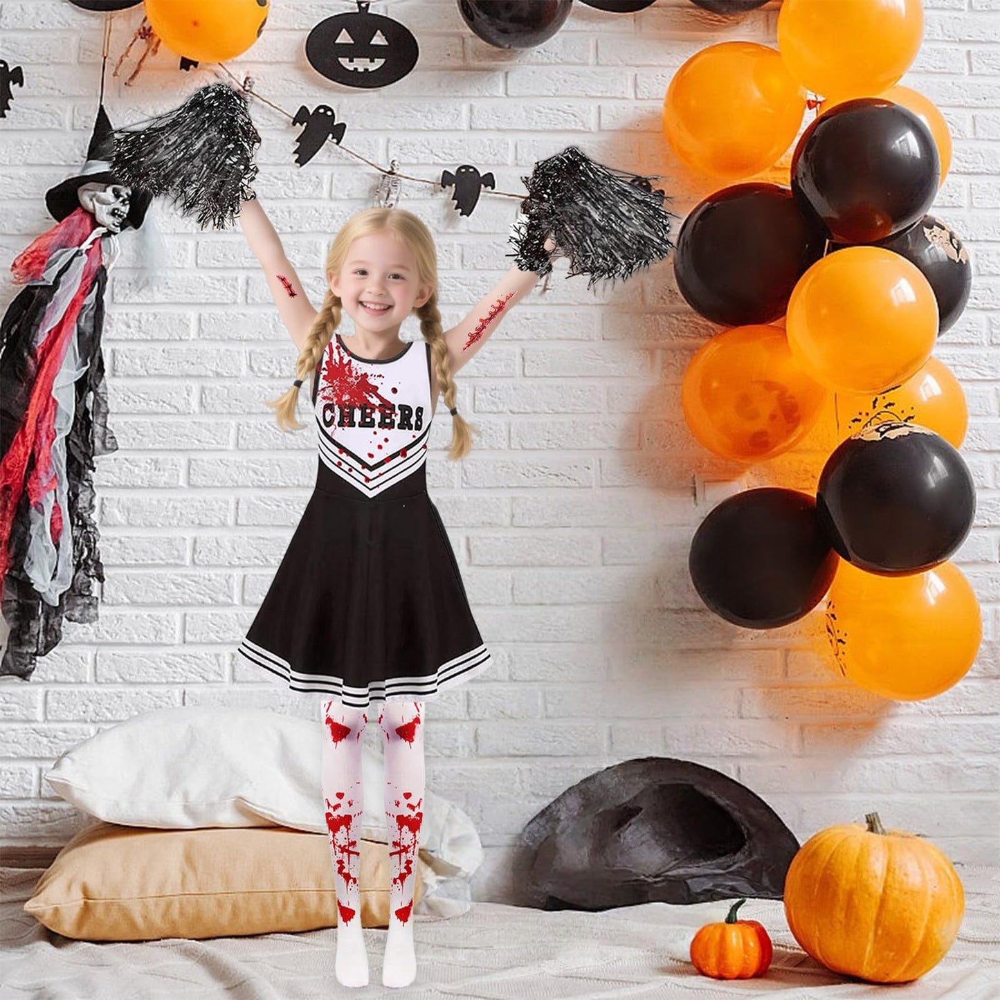 Pddenality 9 PCS 130 Yards Zombie Cheerleader Costume Kids Set, Cheerleader Outfit Kids, Girls Halloween Costume, Zombie School Girl Costumes Suitable for Attending Halloween or Parties