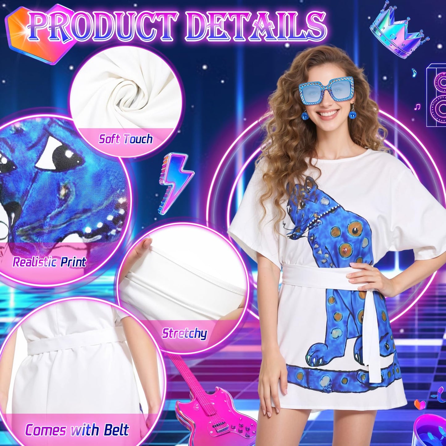 Kyndara 4Pcs Abba Costumes for Women, 70s Disco Fancy Dress Kit with 70s Vintage Dress Glasses Disco Ball Earrings Inflatable Microphone for Girls Theme Party Birthday Dance (Style-2, S)