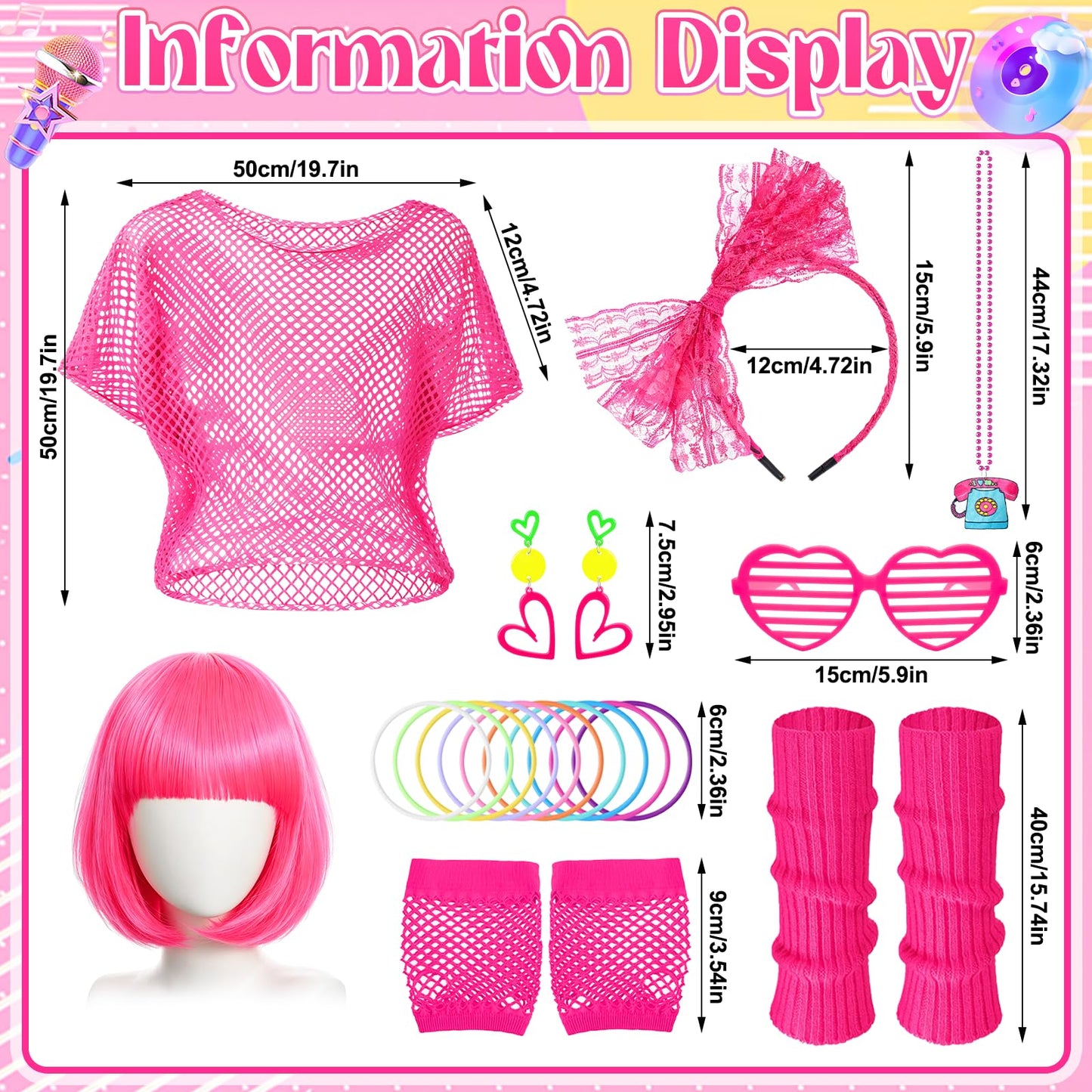 9Pcs 80s Costume Accessory Set for Women, Retro 1980s Fancy Dress Outfit with Mesh Top Wig Leg Warmers Headband Earrings Necklace Bracelets Fishnet Gloves Glasses for 80s Theme Party Halloween Cosplay