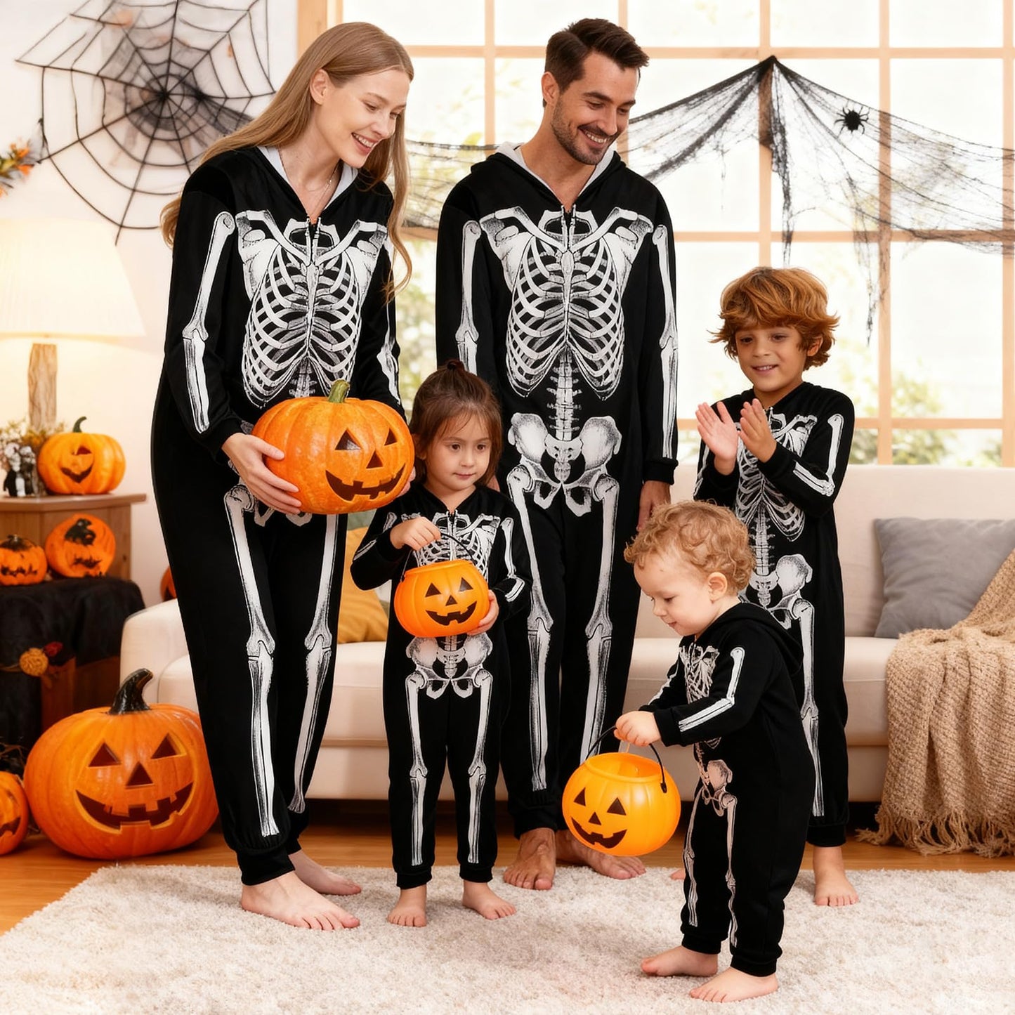 URMAGIC Family Matching Pyjamas Halloween Skeleton Costume Long Sleeve Hooded One Piece Jumpsuit Sleepwear Nightwear Pajamas Pjs for Men Women Children Boys Girls