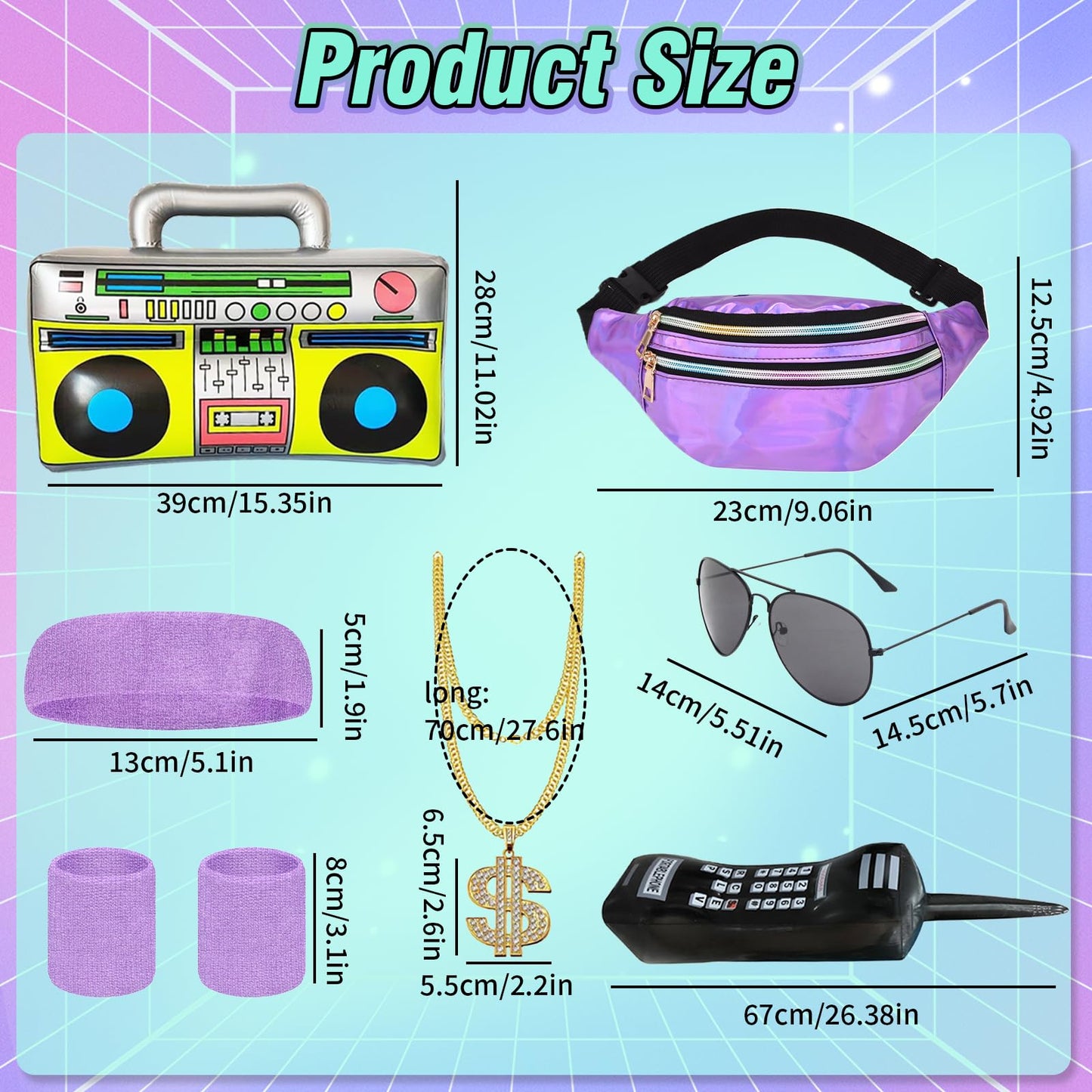 80s 90s Fancy Dress Men with Accessories, Retro 80s 90s Hip Hop Outfit for Adults, 80s Fancy Dress Set with 1 Sportswear Pant Necklace Balloon Radio Glasses Waist Bag Headband, 80s Party Carnival-L