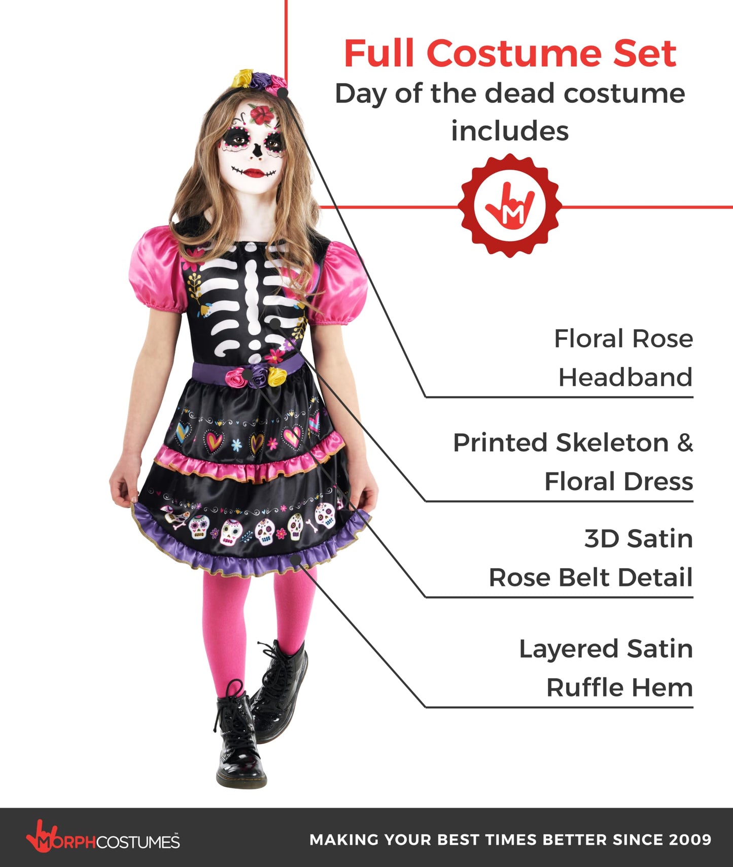 Morph Day Of The Dead Costume For Girls - Sugar Skull Dress Up Outfit For Kids - Halloween Costume Accessory, 7-9 Years