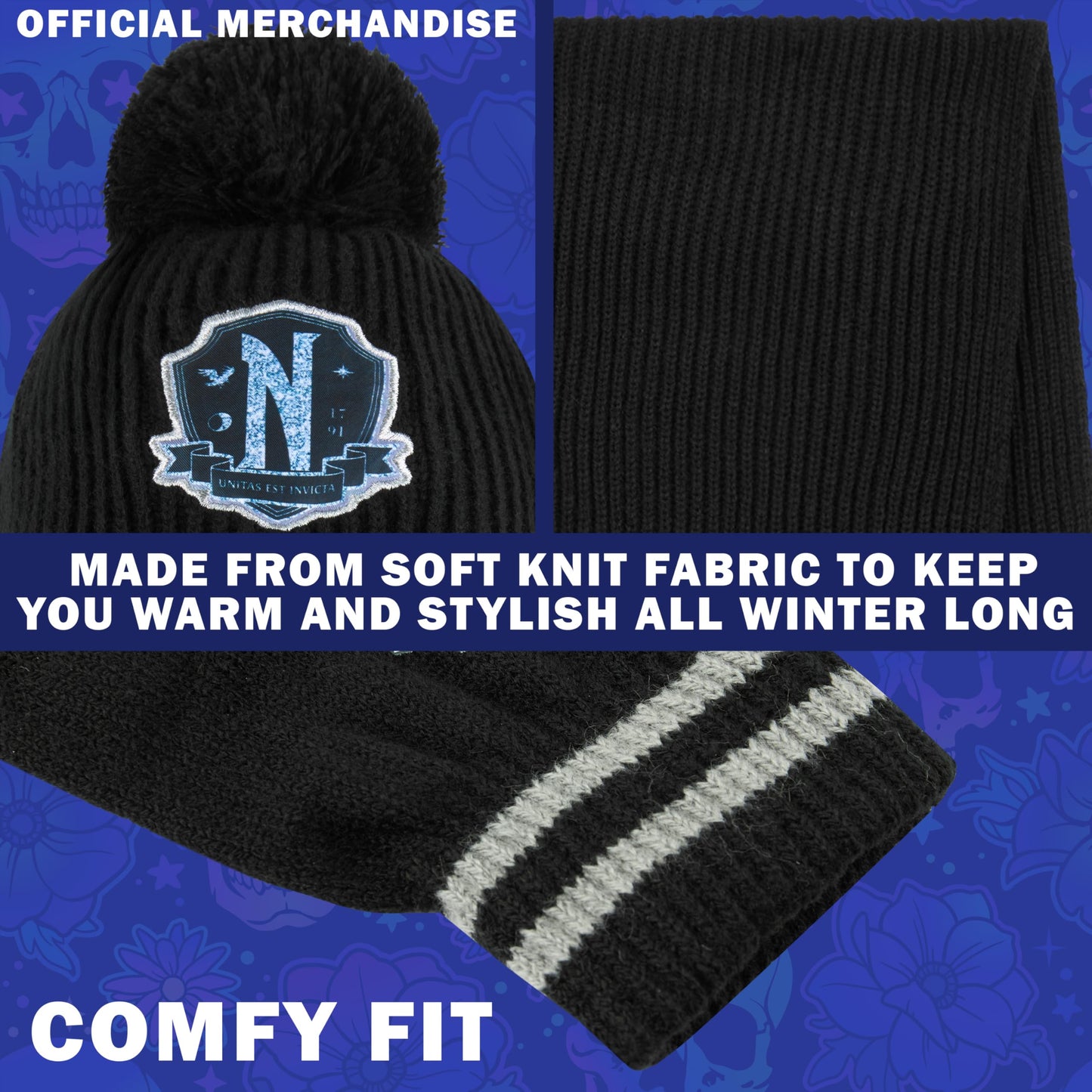 Wednesday Beanie Winter Accessories Set for Girls & Teens 6-14 Years, 3pcs Warm Knit Hat Scarf Gloves, Gothic Gifts for Girls