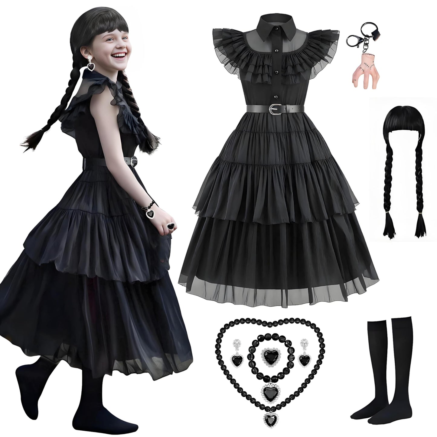 Skknuny Black Tulle Skirt Gothic Dress for Halloween Addams Girls (M)