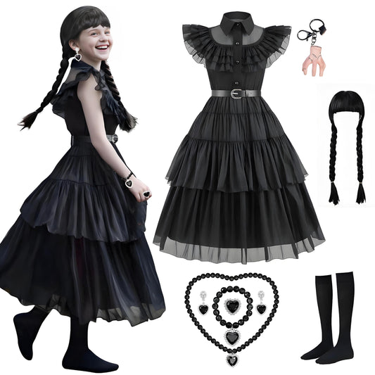 Skknuny Black Tulle Skirt Gothic Dress for Halloween Addams Girls (M)