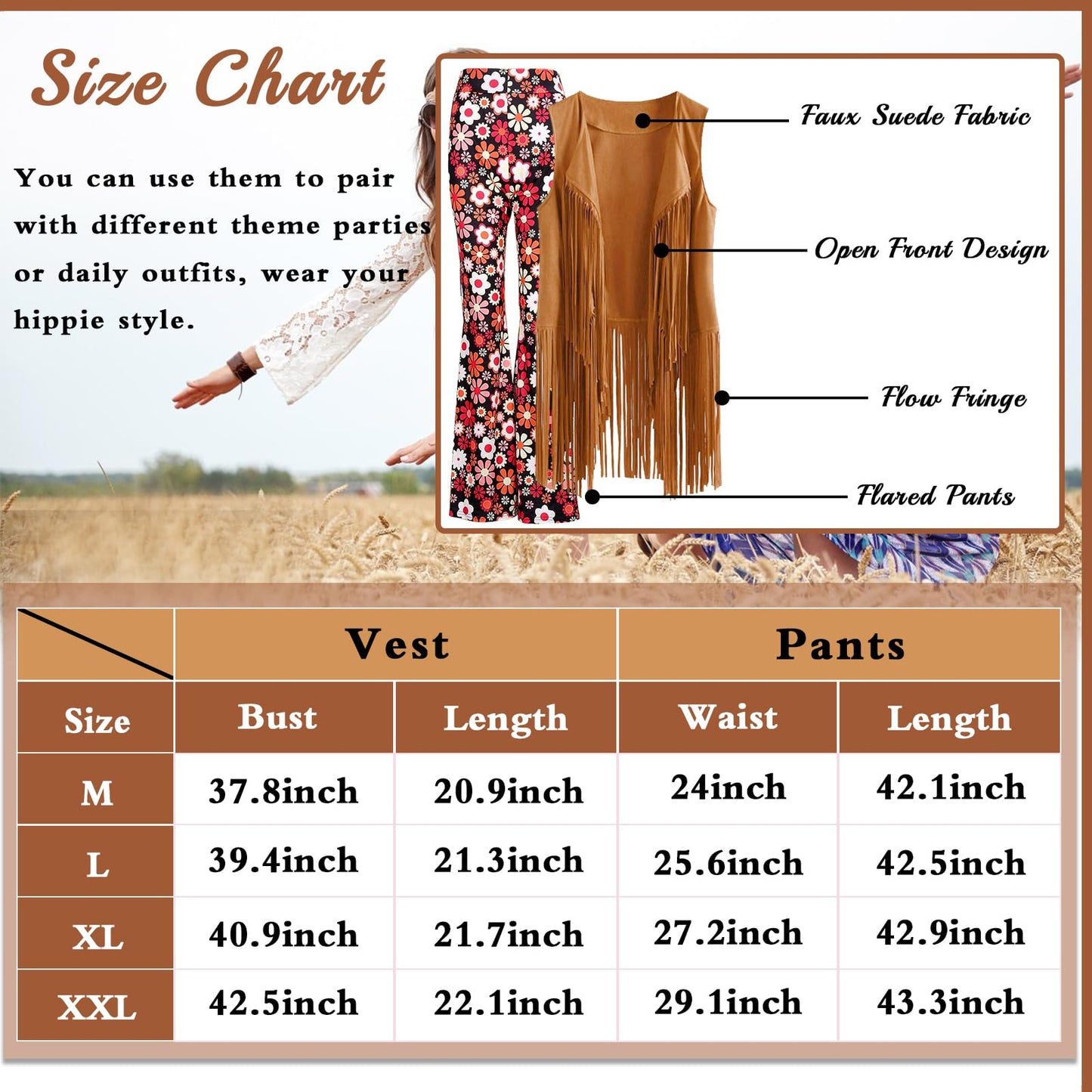 UxClishe 8 Pcs Hippie Costume Set for Women, 60s 70s Hippiy Fancy Dress Outfit Hippie Dress Up with Headband Fringe Vest-XL