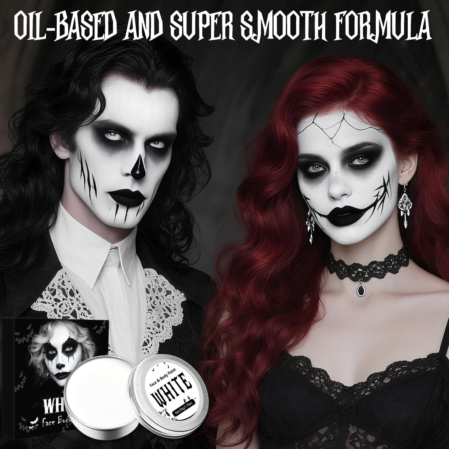 50g White Face Paint Halloween - 1.76oz Halloween Makeup Kit Kids Adults With Brushes, Professional Body Paint Set for Zombie Vampire Skeleton Joker Clown Witch Day of the Dead, Fancy Dress Festivals