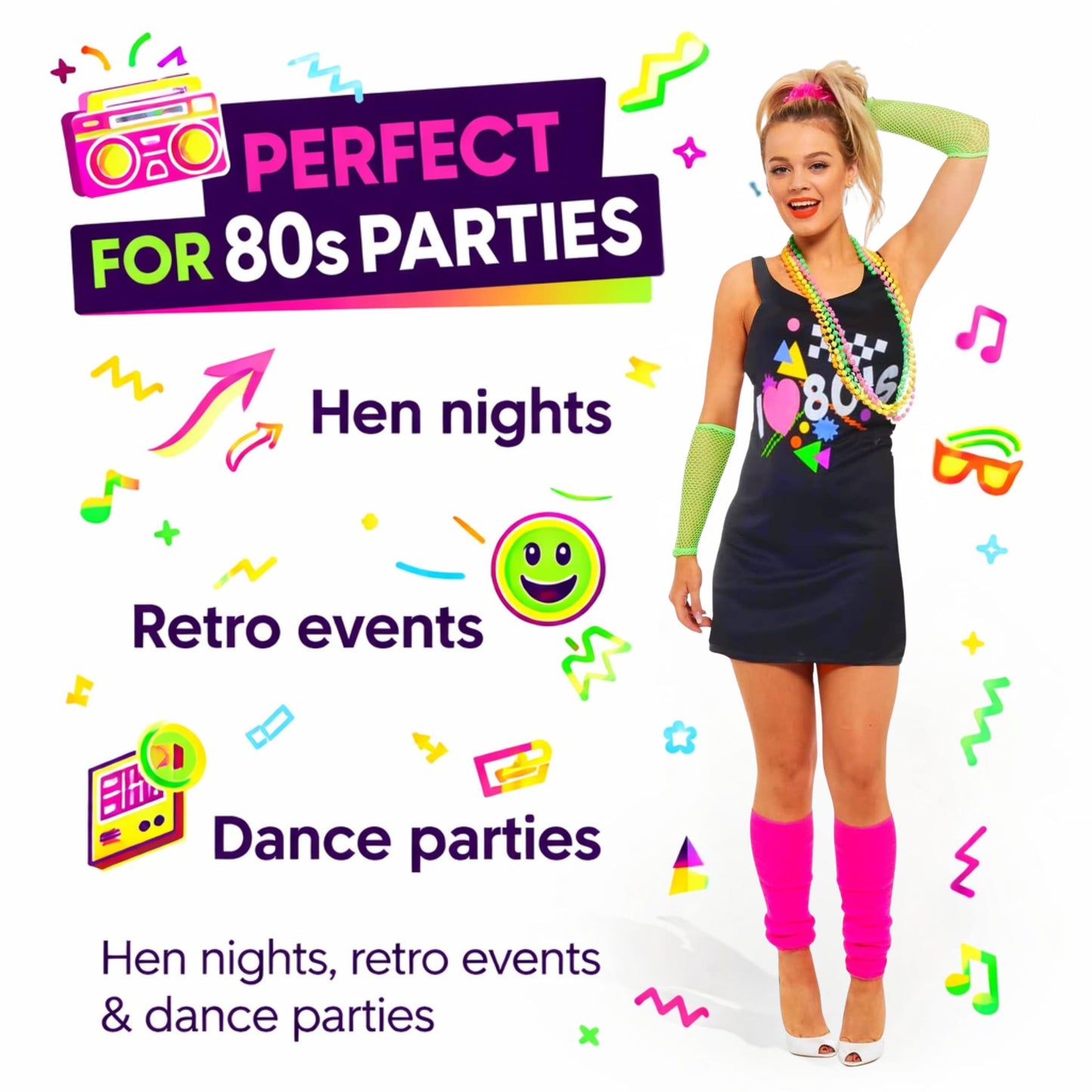 SoWest Women’s I Love 80s Vest Dress – 1980s Neon Fancy Dress Sleeveless Costume for Retro Parties, Hen Nights & Dance Events | Casual Summer Outfit for 80s Theme, Cosplay & Party Wear - XL