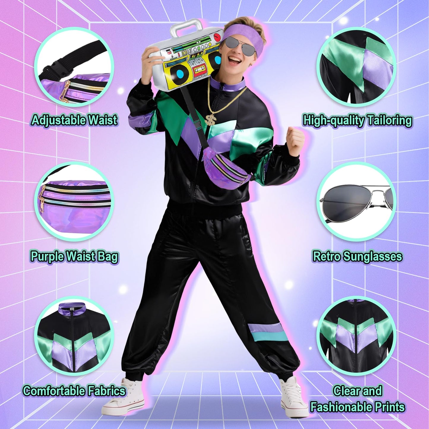 80s 90s Fancy Dress Men with Accessories, Retro 80s 90s Hip Hop Outfit for Adults, 80s Fancy Dress Set with 1 Sportswear Pant Necklace Balloon Radio Glasses Waist Bag Headband, 80s Party Carnival-L