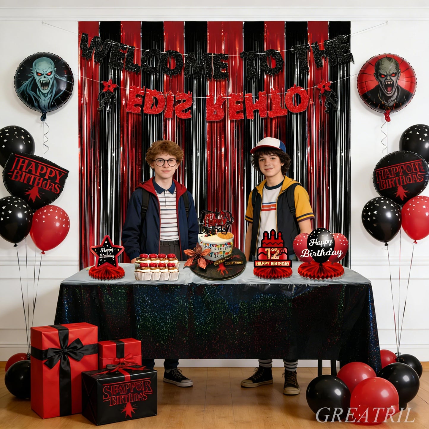 Black Red Foil Fringe Backdrop - GREATRIL Party Tinsel Curtain Streamers for Halloween Horror Stranger Casino Graduation Birthday Party - 1m X2.5m - 2 Packs