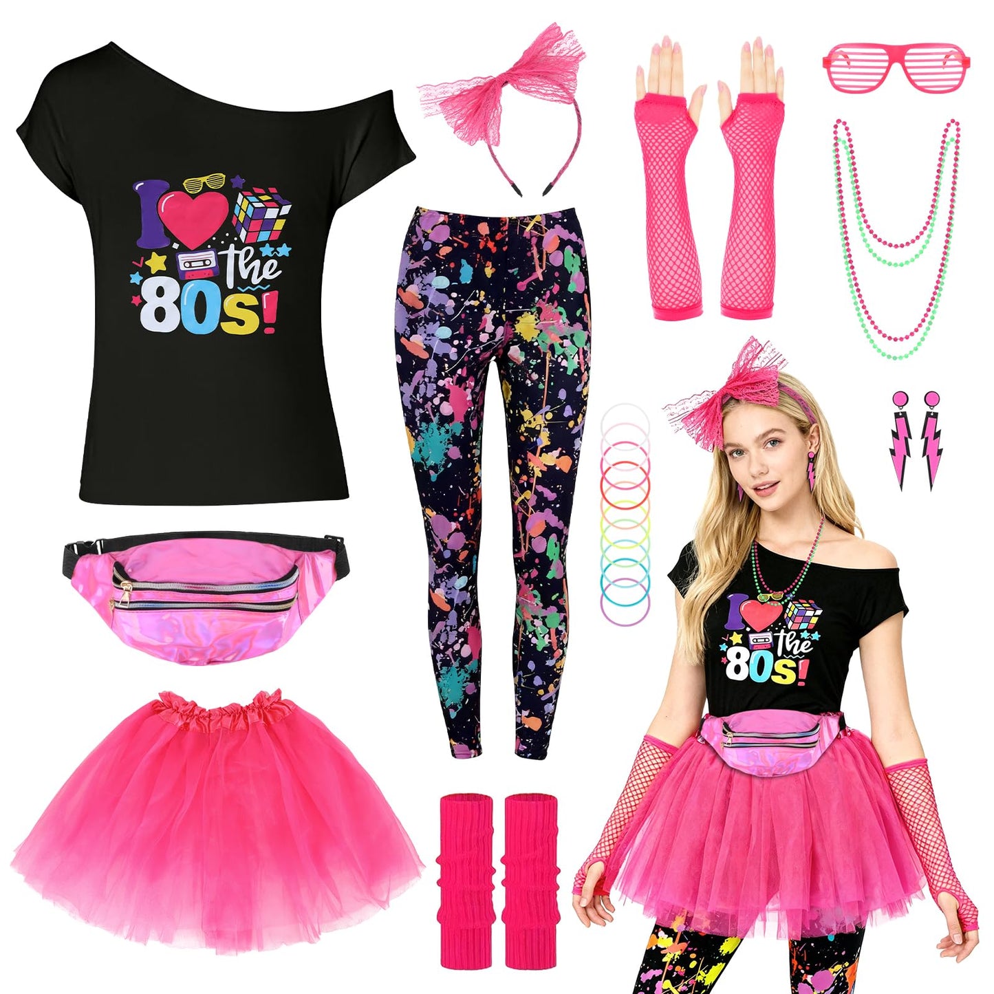 80s Fancy Dress for Women 80s Party Fancy Dress 80s Outfits for Women 1980s Fancy Dress Women Ladies 80s Fancy Dress Womens 80's Costume 80s Outfit 80s Party Costume Set 80s Costumes Accessories, XL