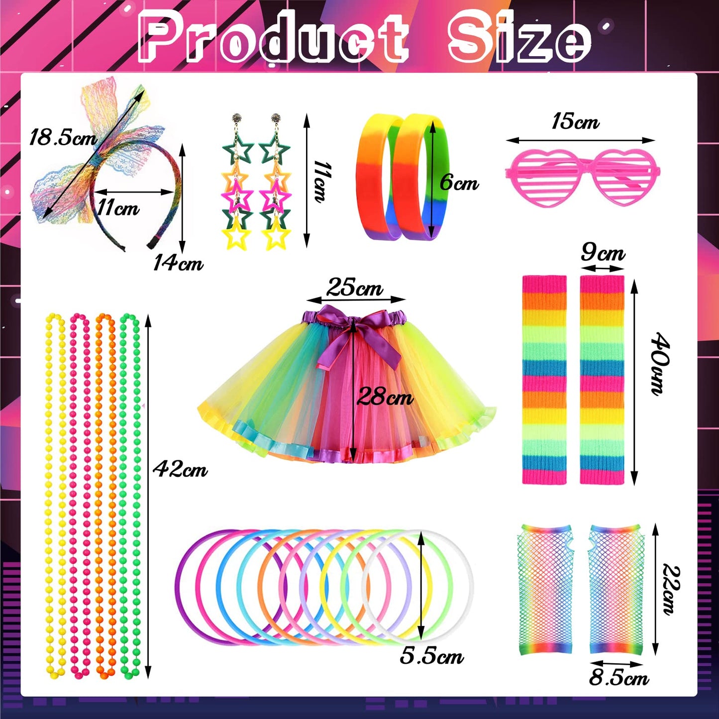 80s Fancy Dress for Women, 1980s Party Rainbow Costume Accessories Set Tutu Skirt Leg Warmers Fishnet Gloves Glasses Earrings Bracelet Necklace Headband, Retro Outfit for 80s Party, Dress up Day