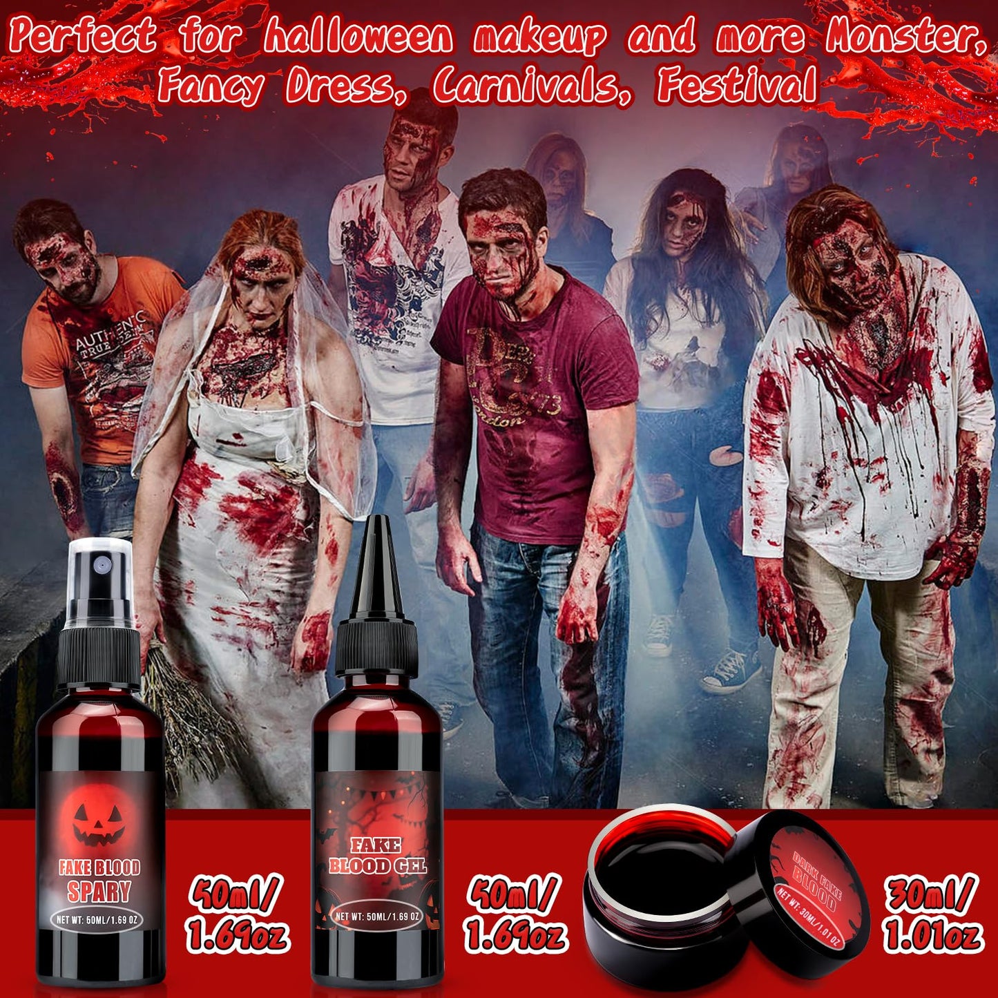 TonJin Halloween Fake Blood Makeup Kit, 3PCS Realistic Washable Costume Blood Set (1.69oz Spray + 1.69oz Dripping + 1.01oz Coagulated ) for Zombie Vampire SFX, Dark Coagulated & Fresh Blood Effects