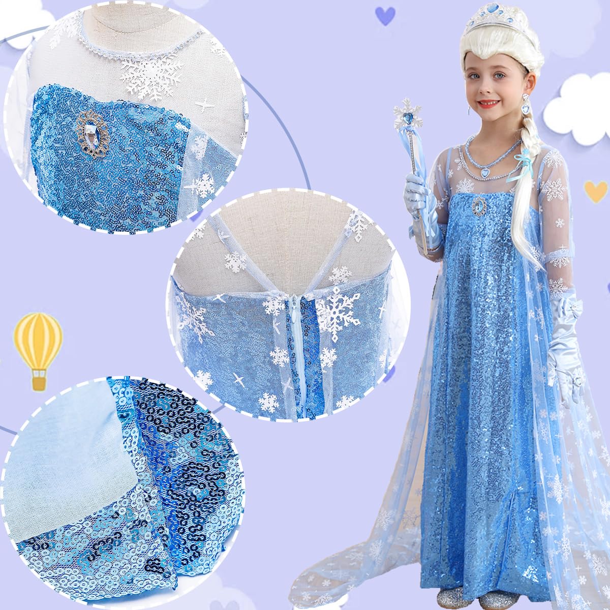 Tyidalin Princess Elsa Dress Snow Queen Costume for Girls with Cape Party Halloween Cosplay, Blue, 6-7 Years(Tag 140)