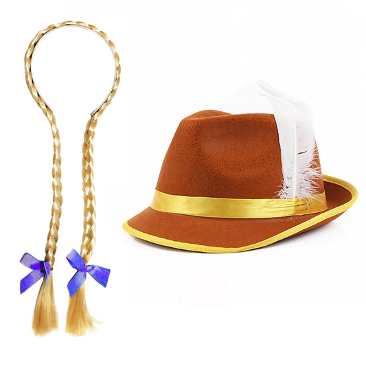 Ladies Bavarian Accessory Set - Pack of 1 - Brown Bavarian Hat and Blonde Plait Wig with Blue Ribbons - Adults Oktoberfest Fancy Dress Costume Accessory Set