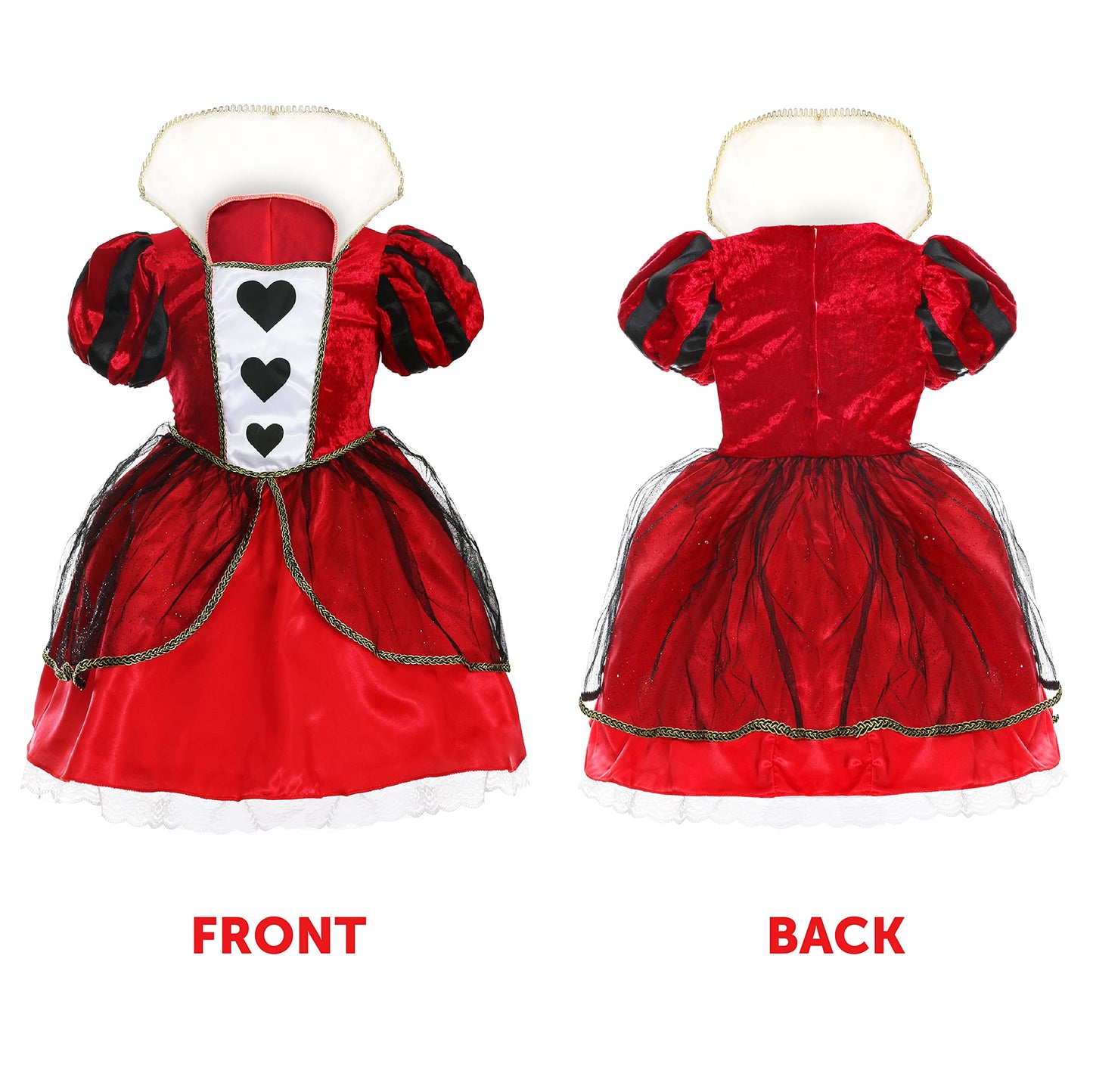Girls Heart Queen Costume - Large - Red Dress with Heart Detailing, Gold Crown on Headband and Striped Tights - Kids World Book Day Book Week Fancy Dress Costume