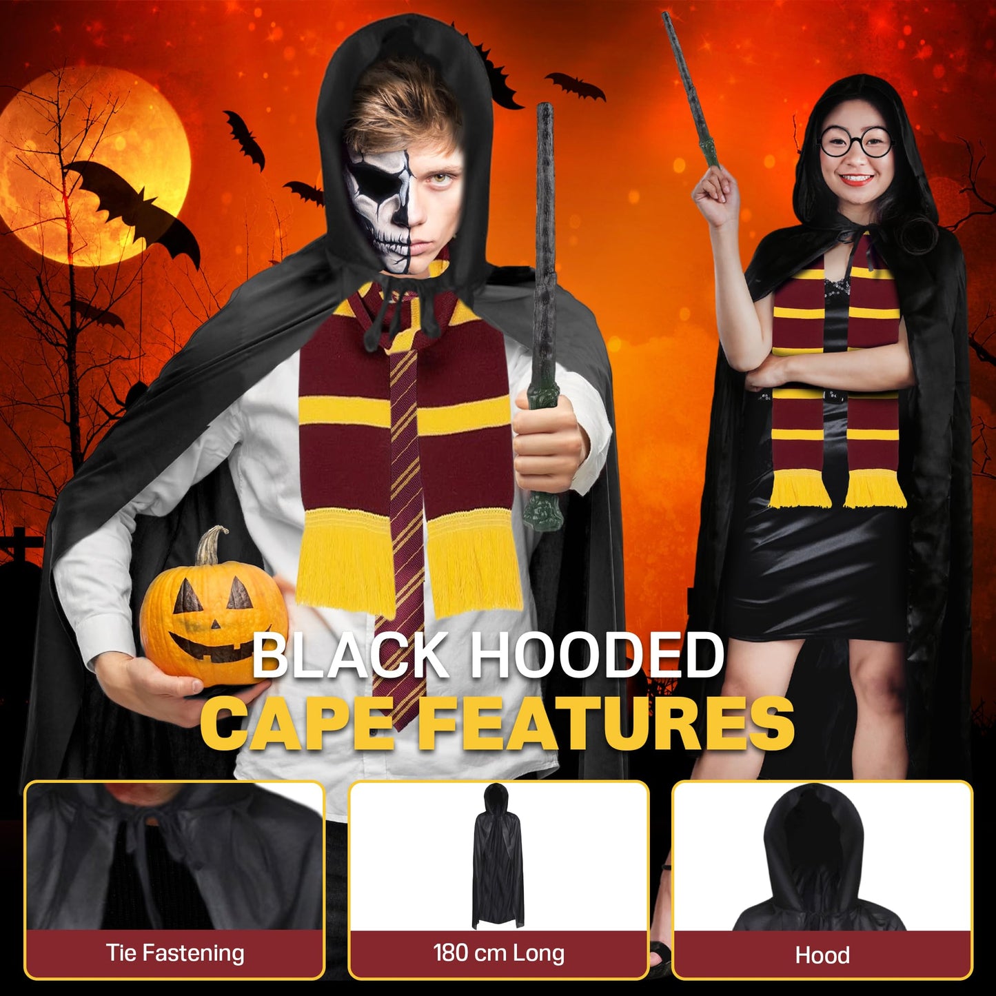 5pc Adult Wizard Costume - Wizard Accessories With Black Hooded Cape, Red and Yellow Scarf, Magic Wand, Red and Yellow Tie, Black Glasses Fancy Dress for World Book Day or Halloween Costumes for Men