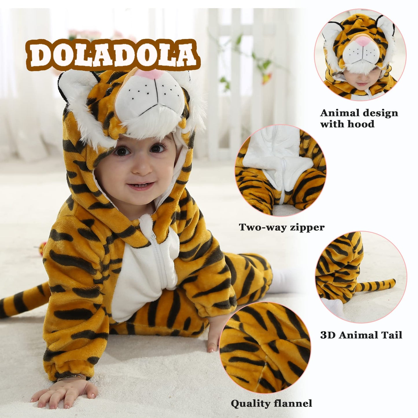 Doladola Baby's Hooded Onesie Cartoon Animal Romper Baby Loungewear Newborn Outfits Jumpsuit(0-3 Months,Tiger)