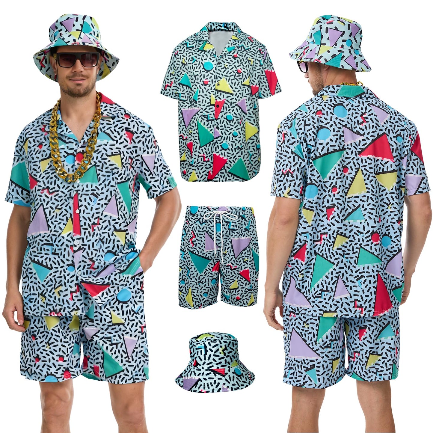 HZVRTN 80s Fancy Dress Men Hip-Hop T-Shirts And Shorts Set, 7Pcs Retro 80s 90s Hip-Hop Sportswear, Shell Suit Mens Fancy Dress Costume for Beach Party, Music Festival, Carnival, Disco (Green, L)