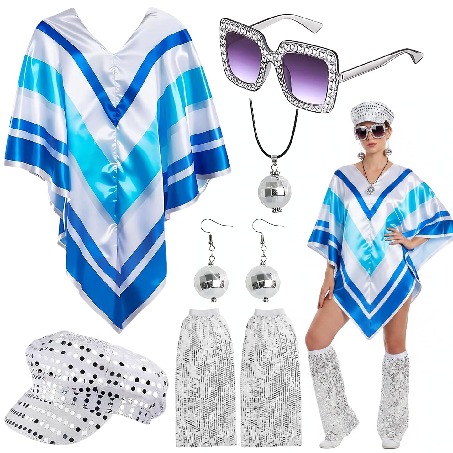 Fictoria 70s Disco Costume Women - 1970s Poncho Fancy Dress Accessories Set with Hat Sunglasses Earrings Necklace and Leg Warmers, 1970s Theme Party Birthday Dance Outfit