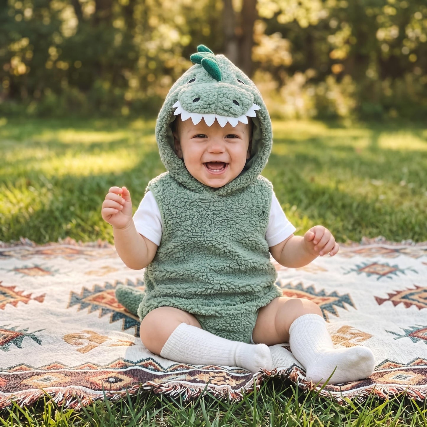 Carolilly Baby Boys Dinosaur Outfits Winter Warm Infant Baby Jumpsuit Newborn Hood Romper Plush Sleeveless Bodysuits Toddler Halloween Clothes (Green, 0-3 Months)