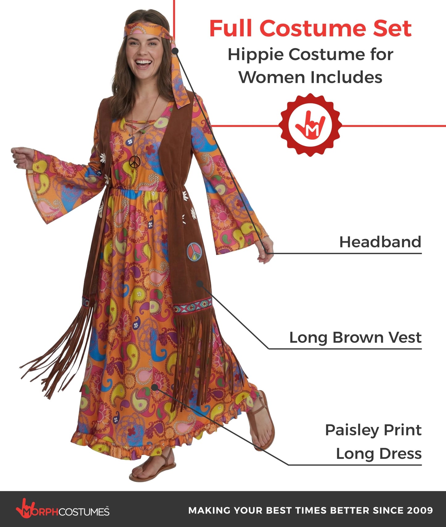 Morph Long Hippie Costume Women, 70s Fancy Dress Women, Hippy Fancy Dress for Womens, World Book Day Costumes Adults, Large