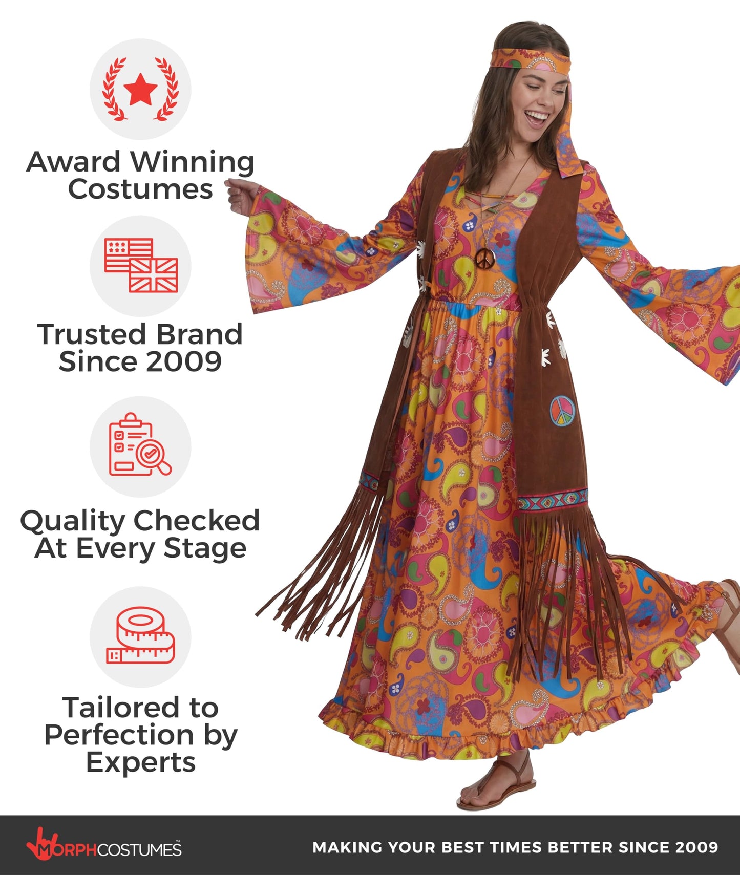 Morph Long Hippie Costume Women, 70s Fancy Dress Women, Hippy Fancy Dress for Womens, World Book Day Costumes Adults, Large