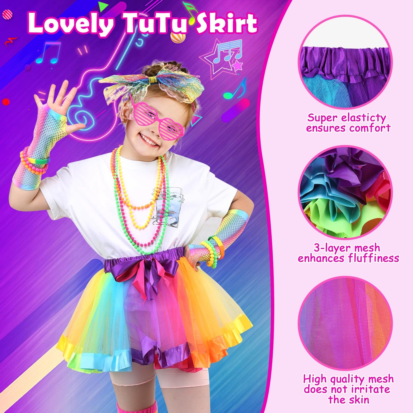 Ballery 80s Fancy Dress for Kids Girls, 1980s Retro Costume Outfits Accessories Set Includes Tutu Skirt Necklace Leg Warmers Gloves Earrings Lace Headband Glasses Bracelets Hair Ties
