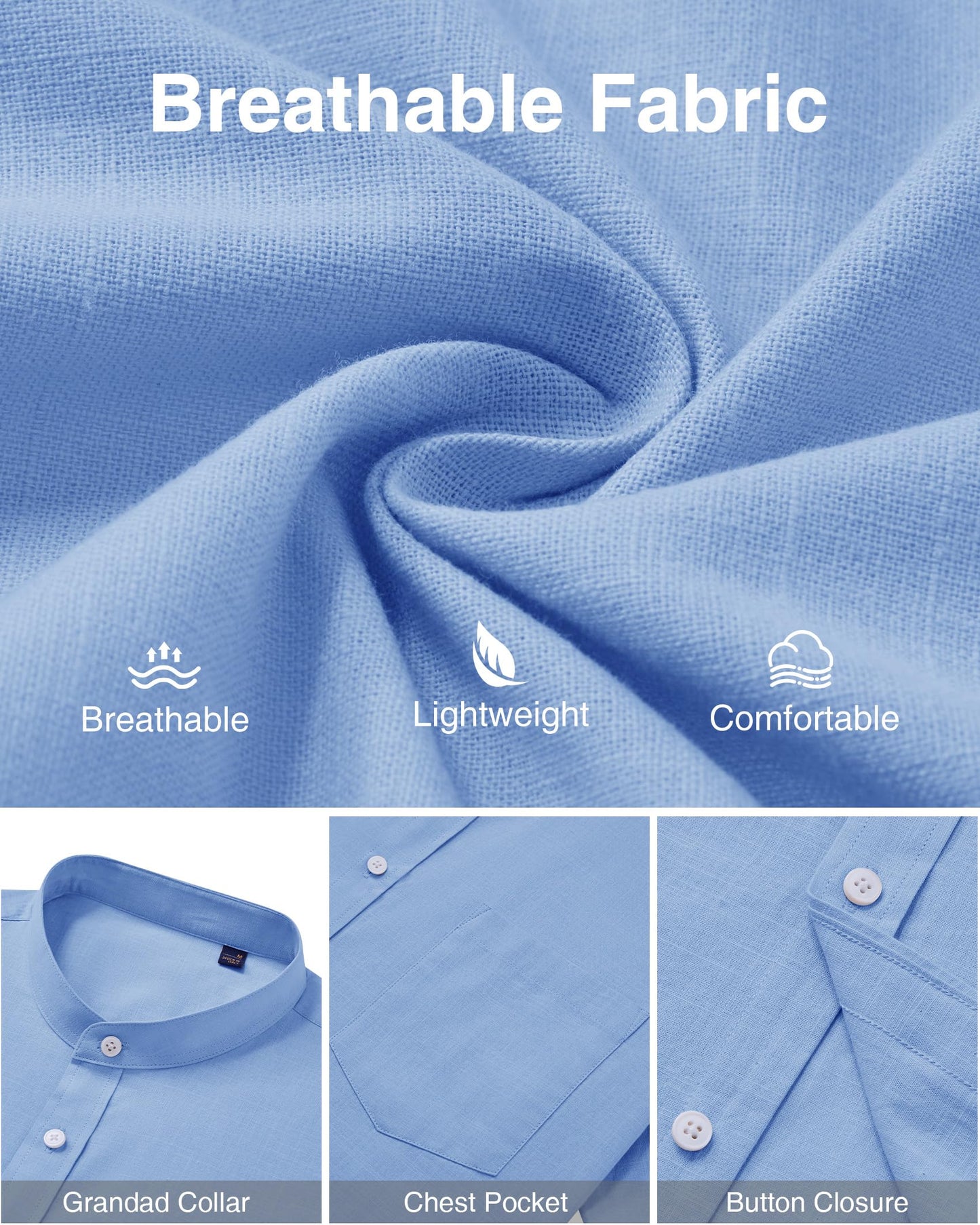 Linen Short Sleeve Shirts Men Grandad Collar Button Down Casual