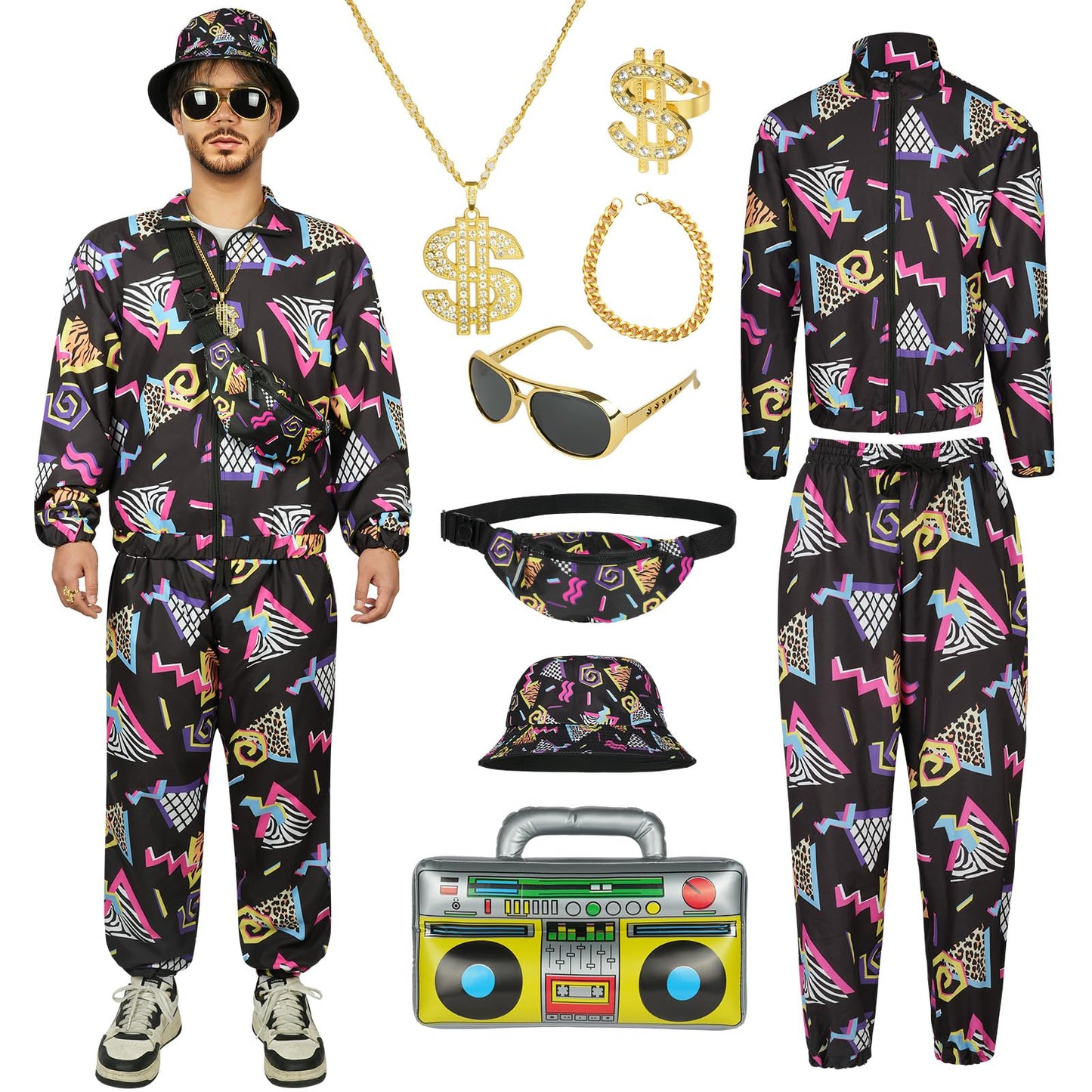 AYBUY 80s 90s Vintage Outfit for Men, 9 Pcs Retro Disco Outfit Set, Hip Hop Costume Outfit with Glasses and Jacket Hat for Disco Theme Party, Halloween, Music Festivals, Masquerade, Carnival (XL)