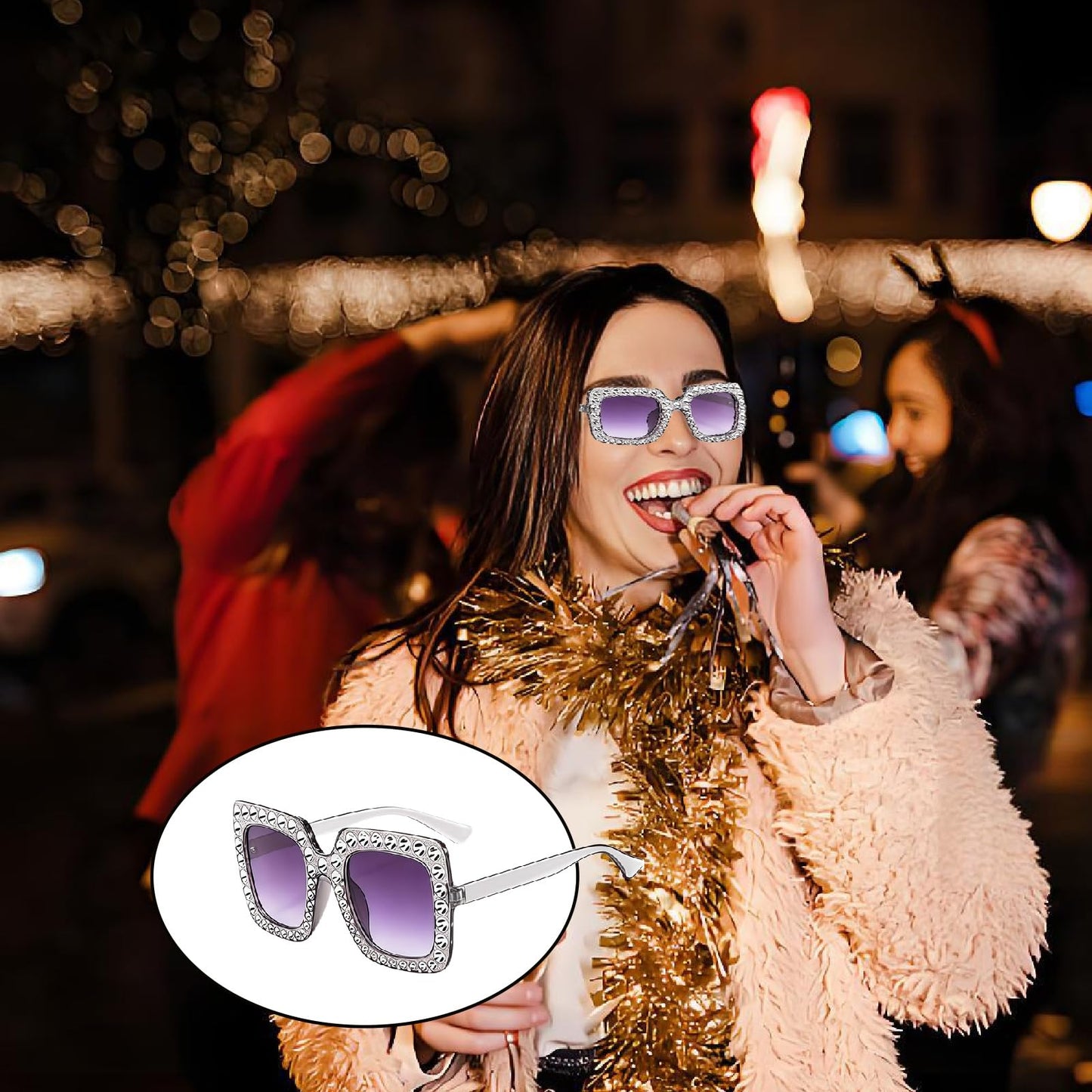 louuuou 70s Outfits For Women Halloween Costume 4pcs Set, Fancy Dress Costumes For Women Disco Party Poncho Cape With Silver Glitter Hat Glasses Earrings Fancy Dress